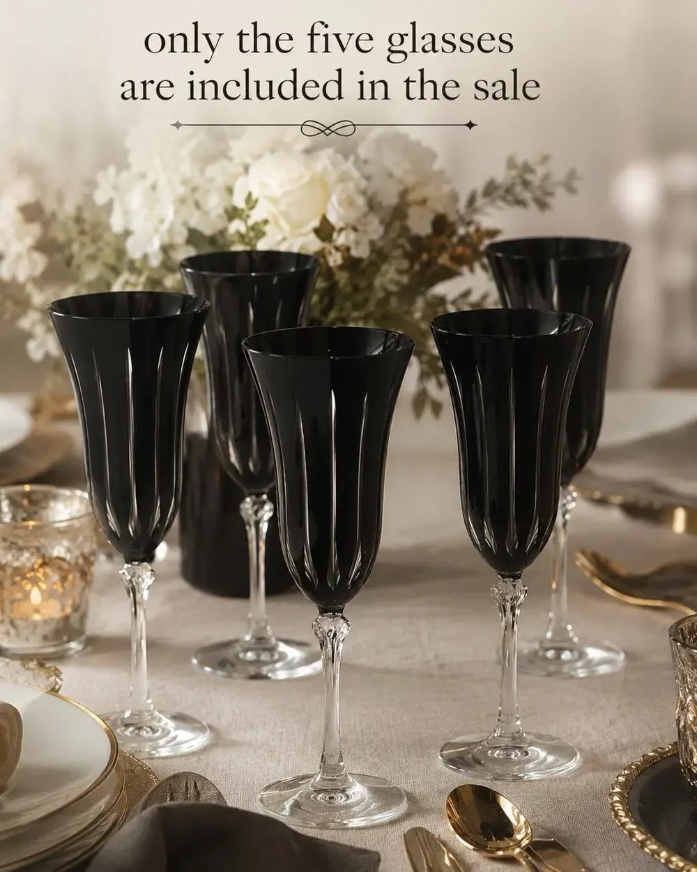 Set of 5 Le Stelle Cristal Design Black Glasses Champagne Flutes Cut to Clear - Picture 1 of 12